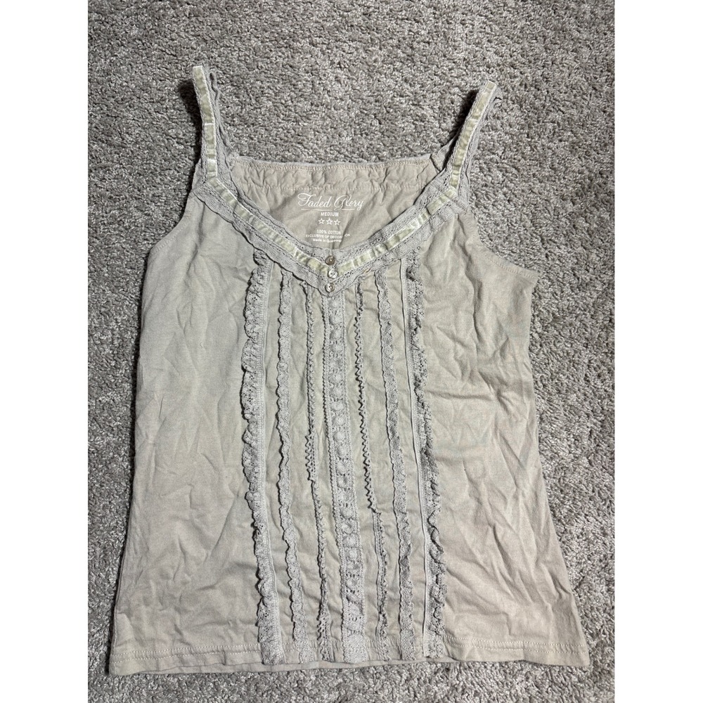 Faded Glory Wash Stone Ruffle Crochet Trim Cotton Cami Tank Top vintage Medium